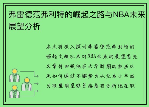 弗雷德范弗利特的崛起之路与NBA未来展望分析