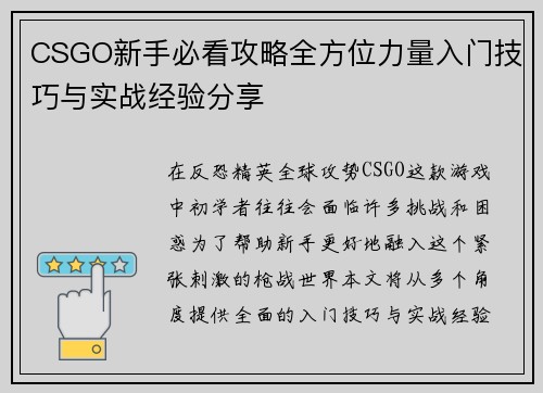 CSGO新手必看攻略全方位力量入门技巧与实战经验分享