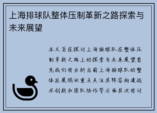 上海排球队整体压制革新之路探索与未来展望