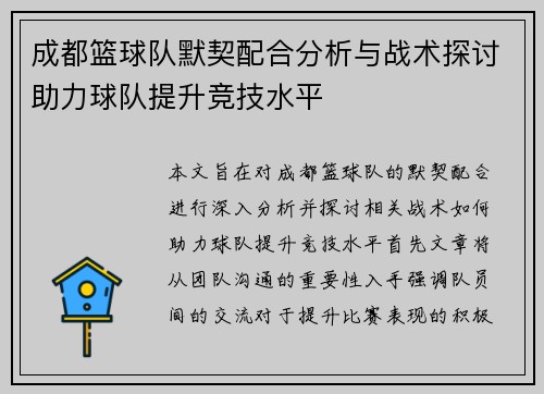成都篮球队默契配合分析与战术探讨助力球队提升竞技水平