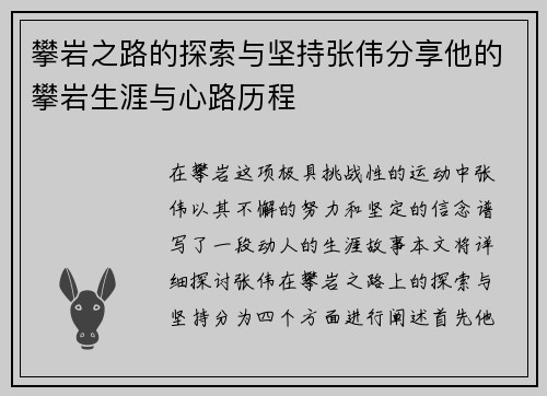 攀岩之路的探索与坚持张伟分享他的攀岩生涯与心路历程