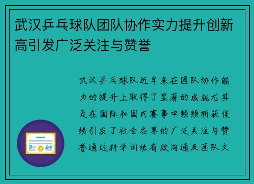 武汉乒乓球队团队协作实力提升创新高引发广泛关注与赞誉