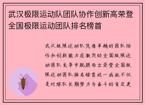 武汉极限运动队团队协作创新高荣登全国极限运动团队排名榜首