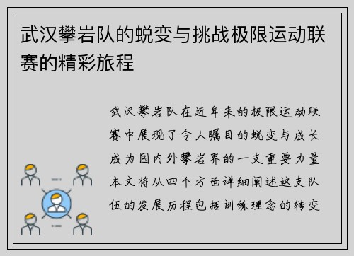 武汉攀岩队的蜕变与挑战极限运动联赛的精彩旅程