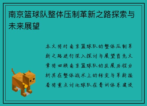 南京篮球队整体压制革新之路探索与未来展望