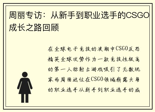 周丽专访：从新手到职业选手的CSGO成长之路回顾
