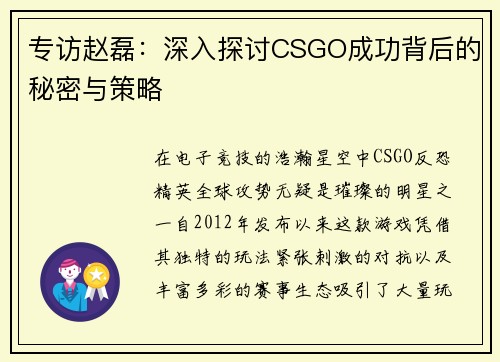 专访赵磊：深入探讨CSGO成功背后的秘密与策略