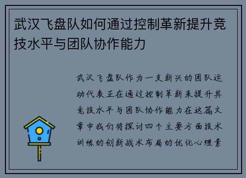 武汉飞盘队如何通过控制革新提升竞技水平与团队协作能力