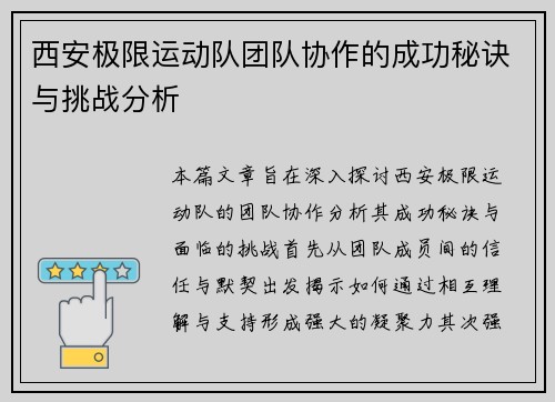 西安极限运动队团队协作的成功秘诀与挑战分析