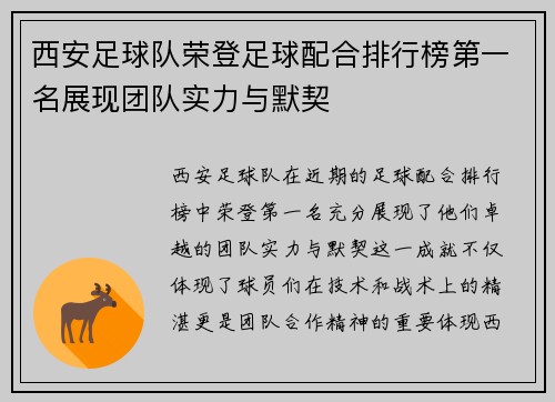 西安足球队荣登足球配合排行榜第一名展现团队实力与默契