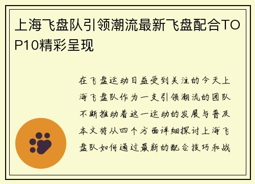 上海飞盘队引领潮流最新飞盘配合TOP10精彩呈现