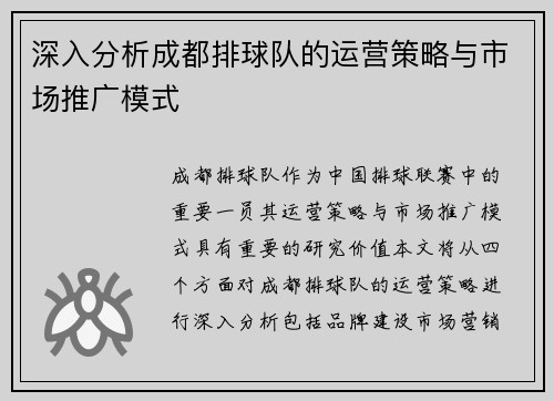 深入分析成都排球队的运营策略与市场推广模式
