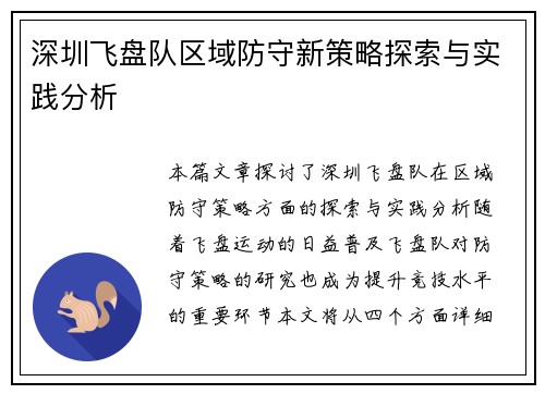 深圳飞盘队区域防守新策略探索与实践分析